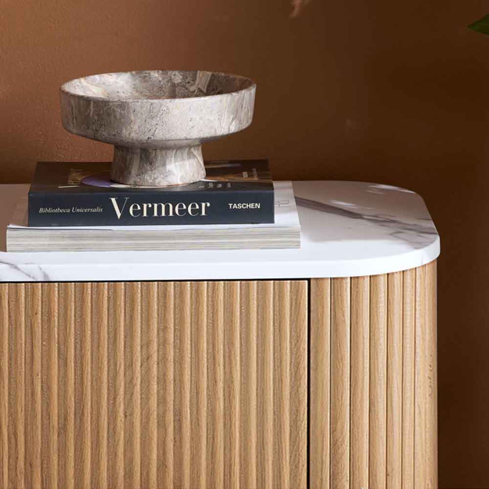 Ratro White Marble Effect Top Sideboard with Oak Wooden Base