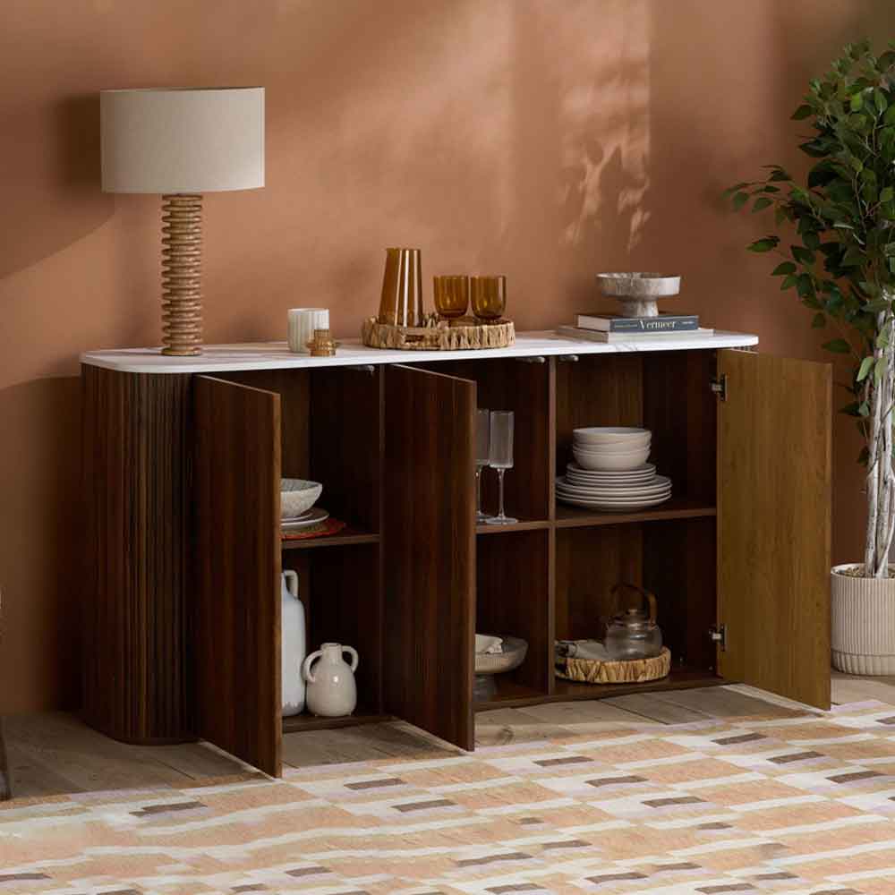 Ratro White Marble Effect Top Sideboard with Walnut Wooden Base