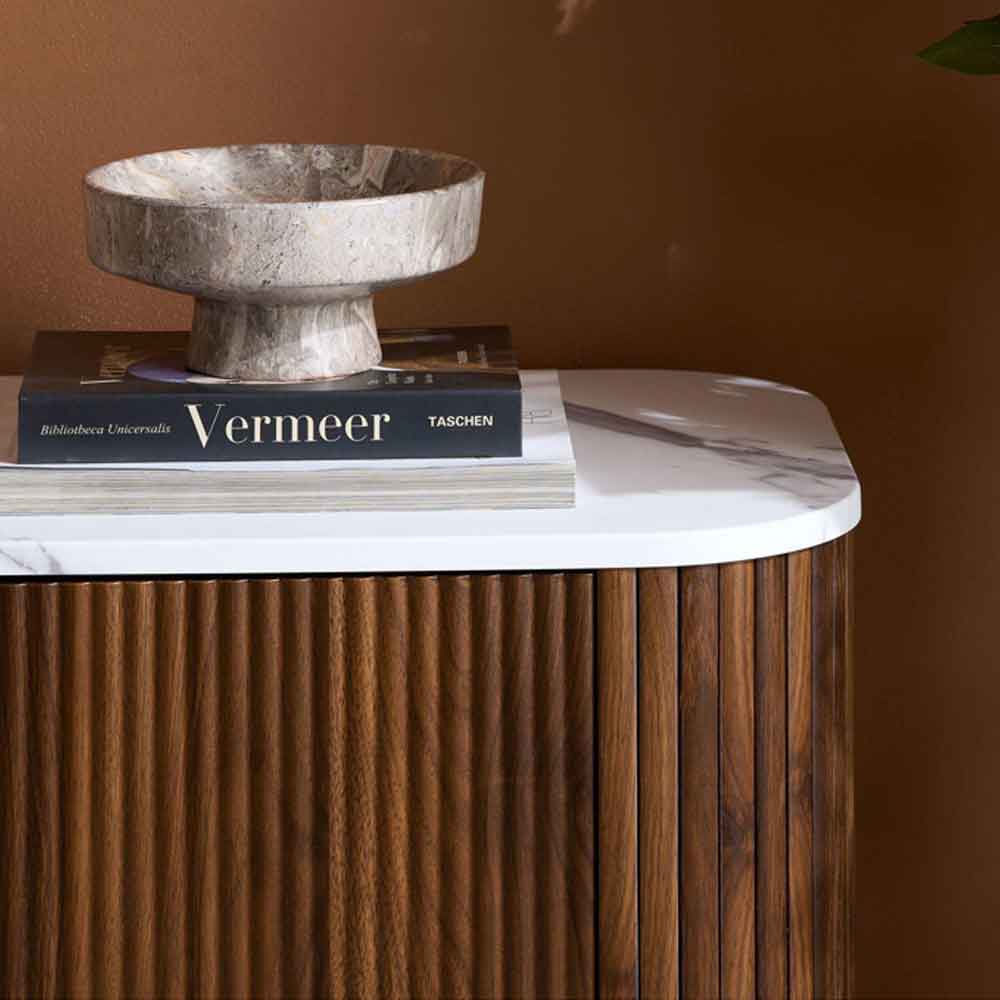Ratro White Marble Effect Top Sideboard with Walnut Wooden Base