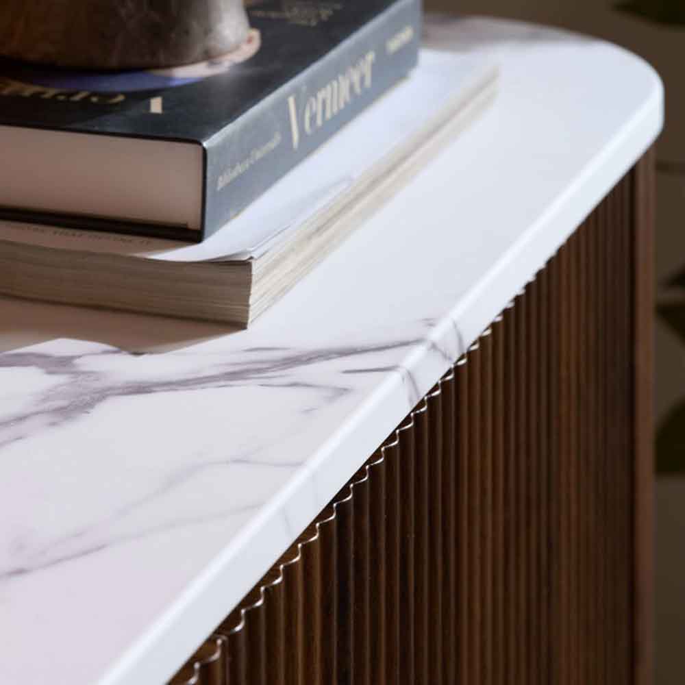 Ratro White Marble Effect Top Sideboard with Walnut Wooden Base