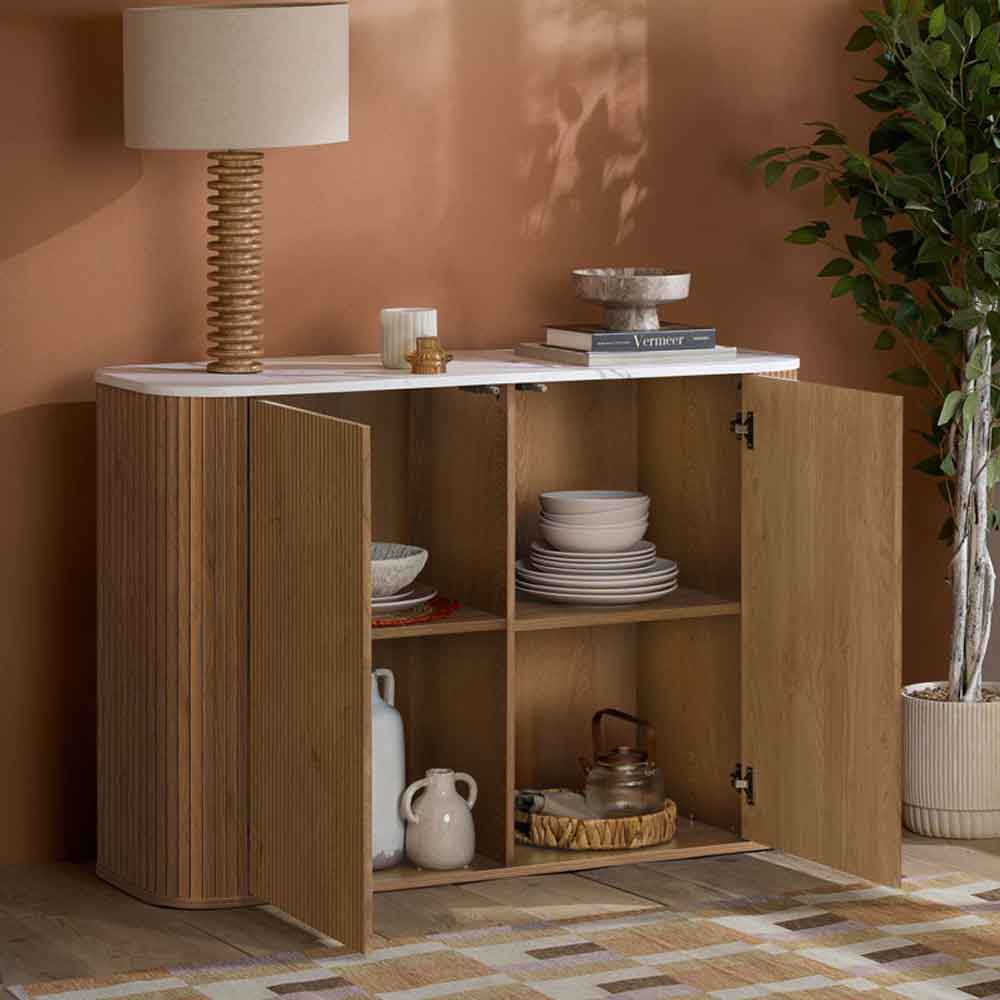 Ratro White Marble Effect Top Storage Cabinet with Oak Wooden Base