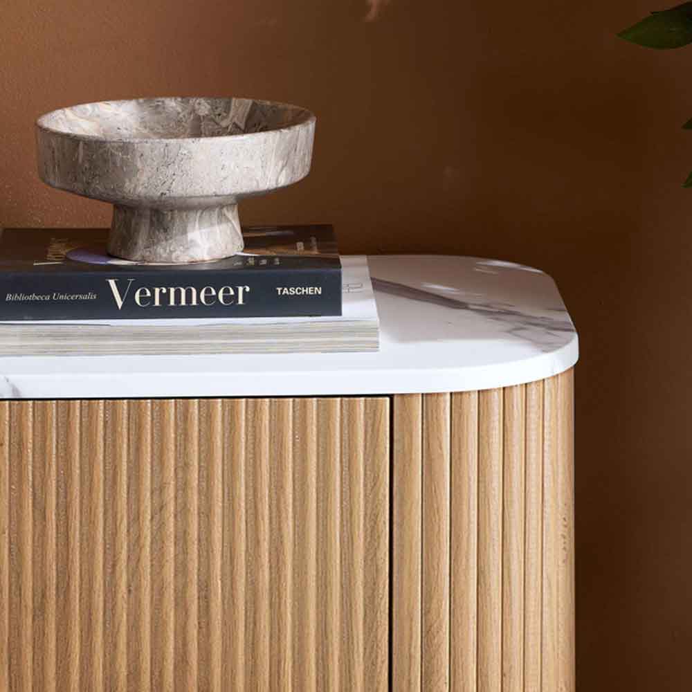Ratro White Marble Effect Top Storage Cabinet with Oak Wooden Base