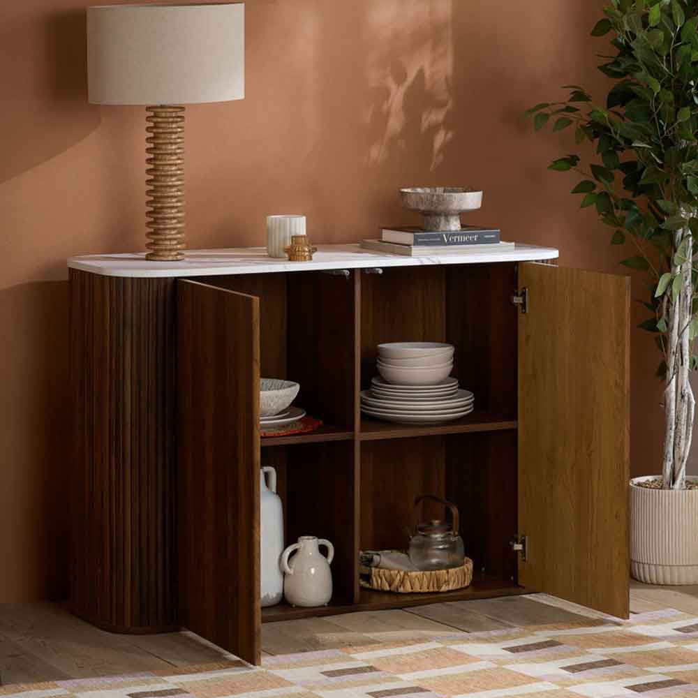 Ratro White Marble Effect Top Storage Cabinet with Walnut Wooden Base