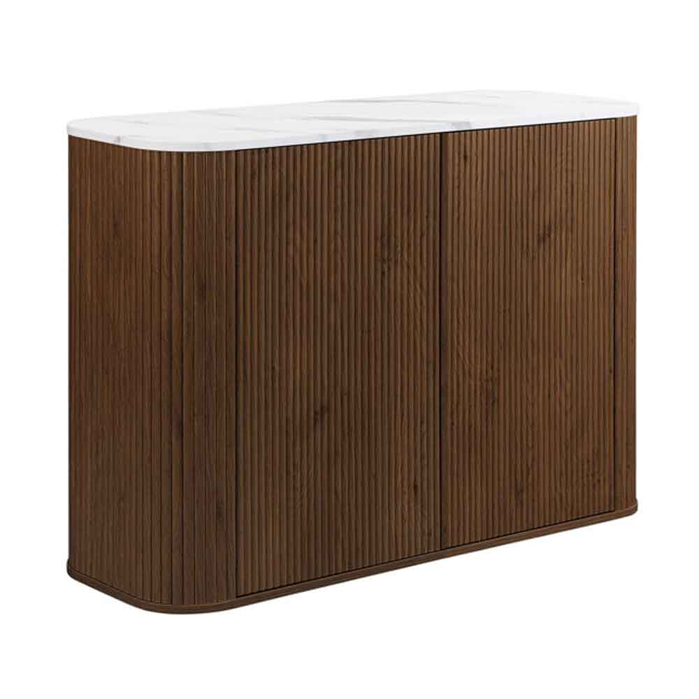 Ratro White Marble Effect Top Storage Cabinet with Walnut Wooden Base