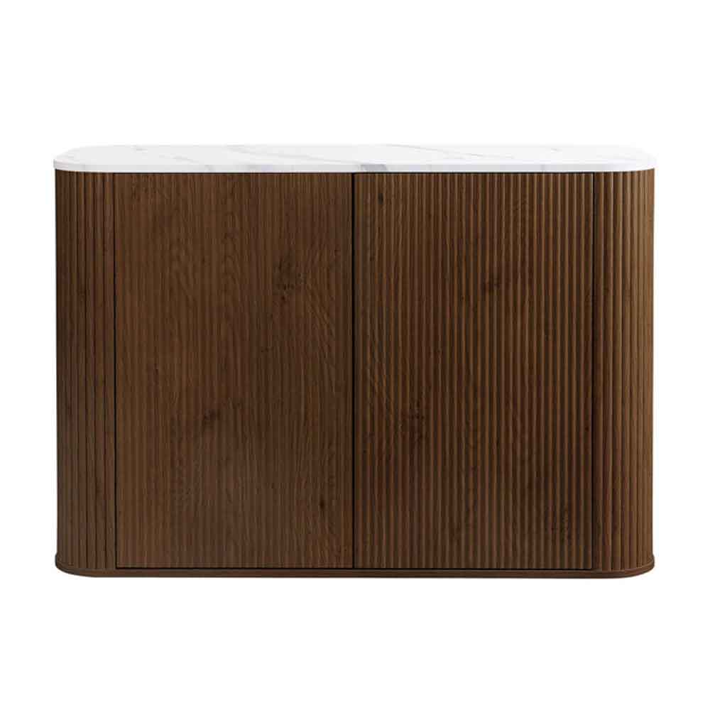 Ratro White Marble Effect Top Storage Cabinet with Walnut Wooden Base