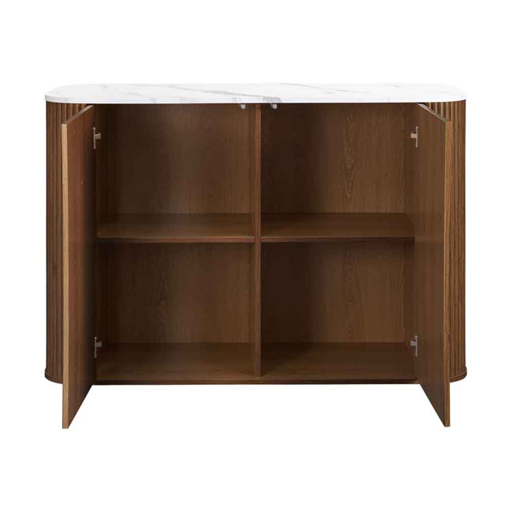 Ratro White Marble Effect Top Storage Cabinet with Walnut Wooden Base