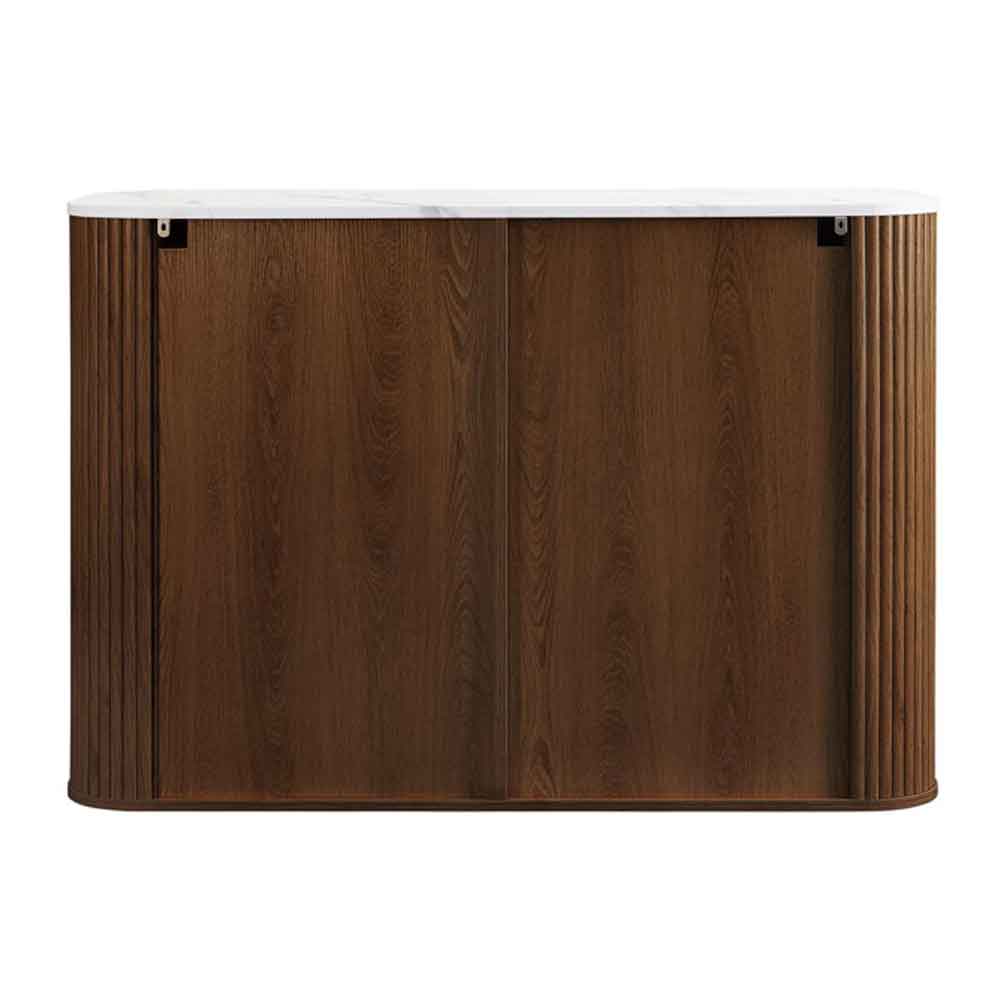 Ratro White Marble Effect Top Storage Cabinet with Walnut Wooden Base