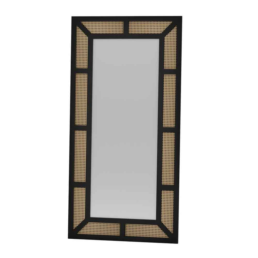 Rattan Glass Cheval Mirror with Black Metal Frame