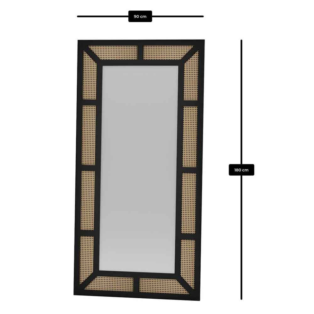 Rattan Glass Cheval Mirror with Black Metal Frame