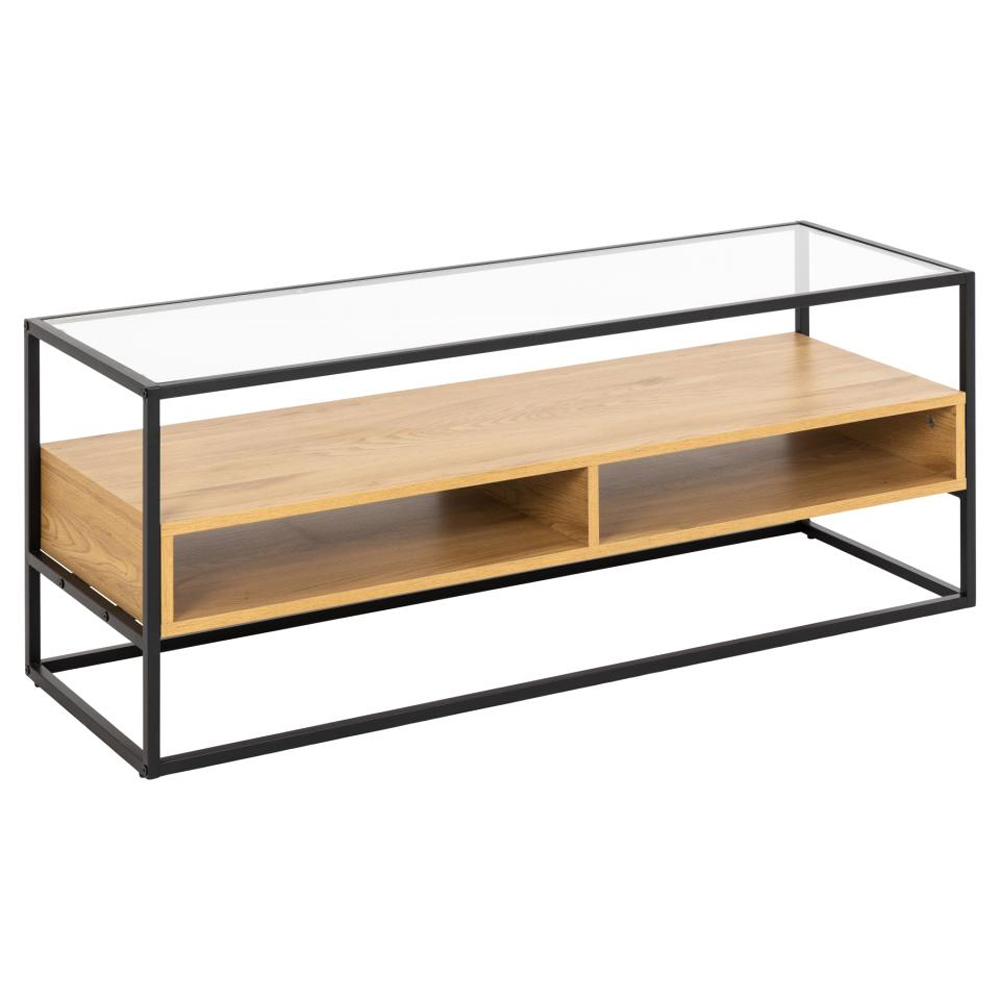 Rattvik Clear Glass TV Stand With 2 Shelves In Matt Wild Oak