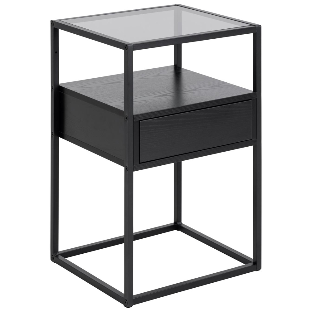 Rattvik Smoked Glass Bedside Cabinet With 1 Drawer In Ash Black