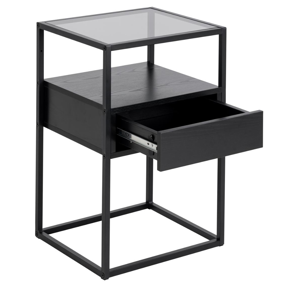 Rattvik Smoked Glass Bedside Cabinet With 1 Drawer In Ash Black