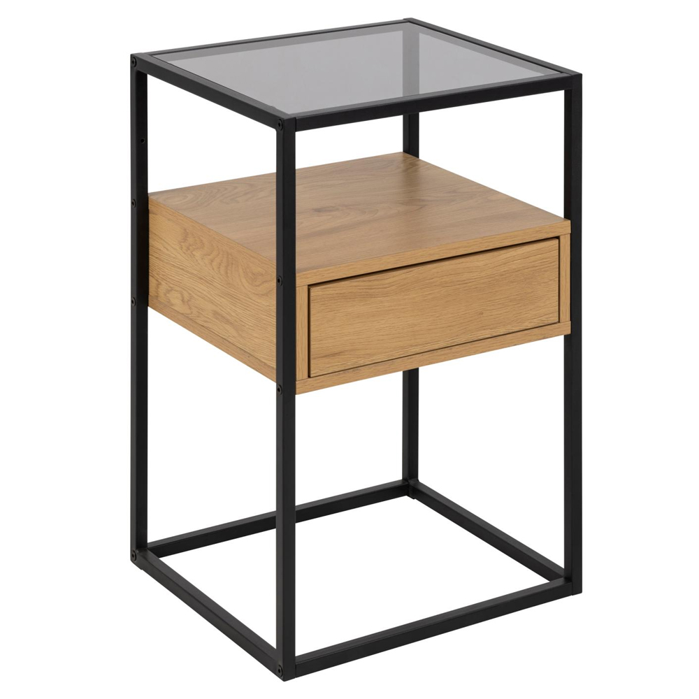 Rattvik Smoked Glass Bedside Cabinet With 1 Drawer In Matt Wild Oak
