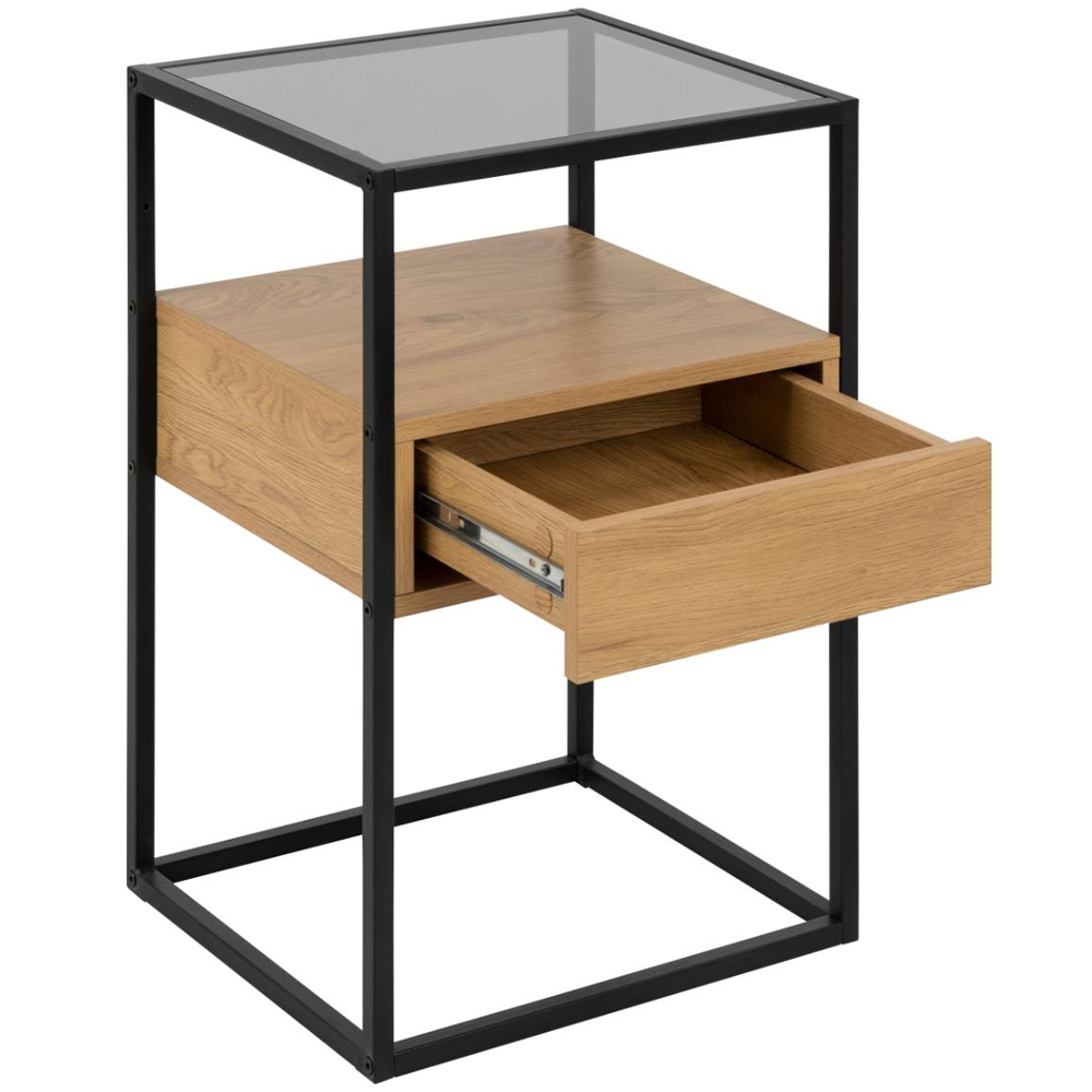 Rattvik Smoked Glass Bedside Cabinet With 1 Drawer In Matt Wild Oak