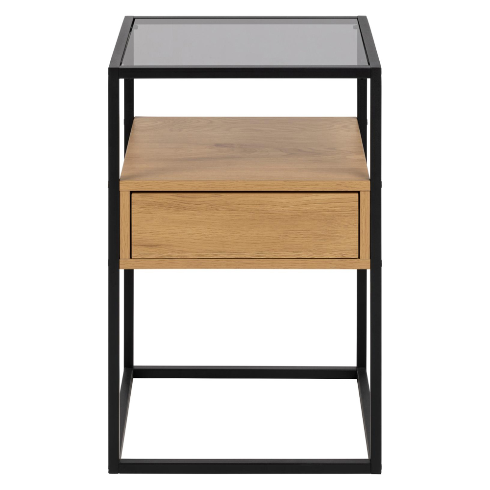 Rattvik Smoked Glass Bedside Cabinet With 1 Drawer In Matt Wild Oak