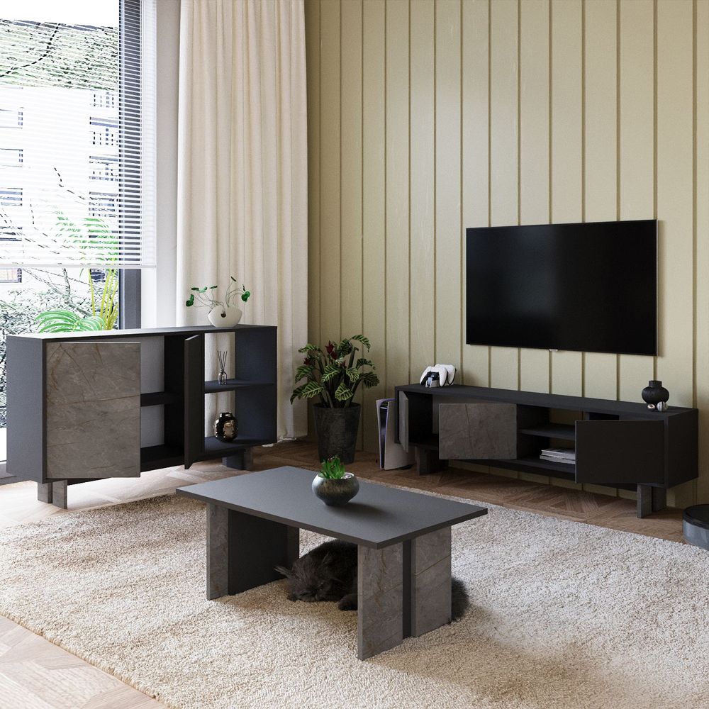 Ravello Wooden Living Room Furniture Set in Anthracite and Gordion Marble and LED
