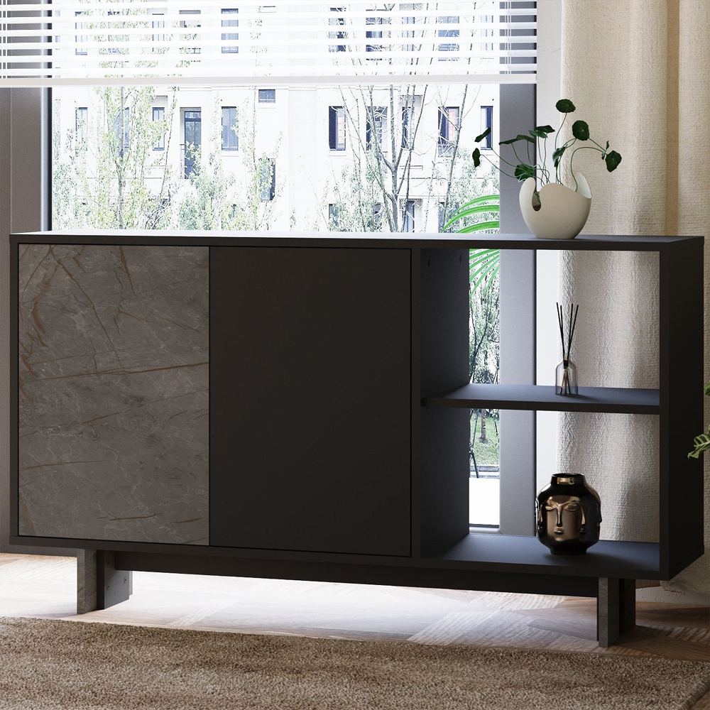 Ravello Wooden Living Room Furniture Set in Anthracite and Gordion Marble and LED