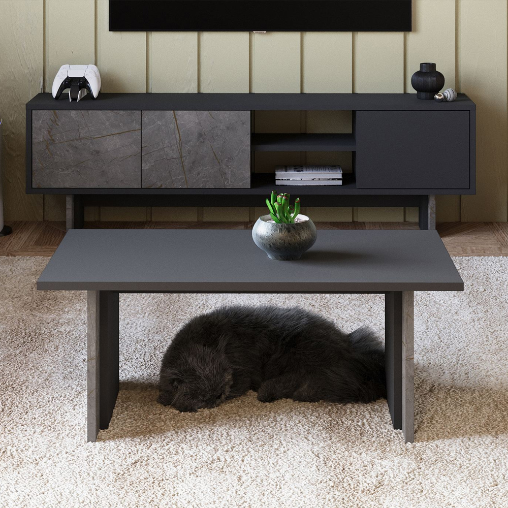 Ravello Wooden Living Room Furniture Set in Anthracite and Gordion Marble and LED