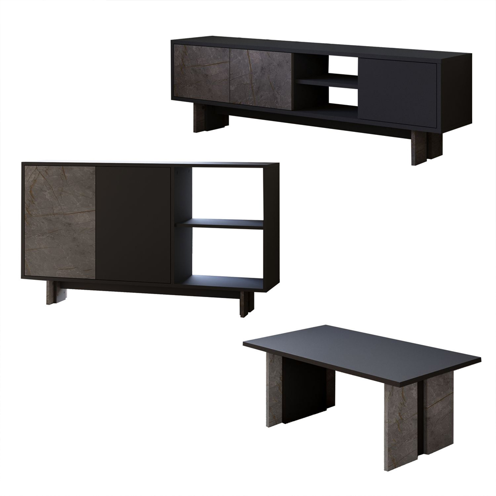 Ravello Wooden Living Room Furniture Set in Anthracite and Gordion Marble and LED