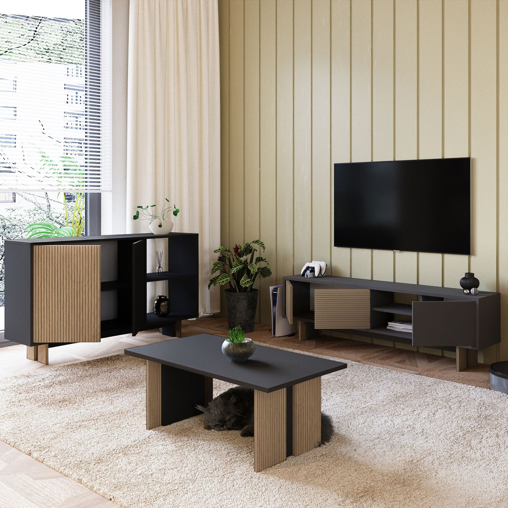 Ravello Wooden Living Room Furniture Set in Anthracite and Warm Oak and LED