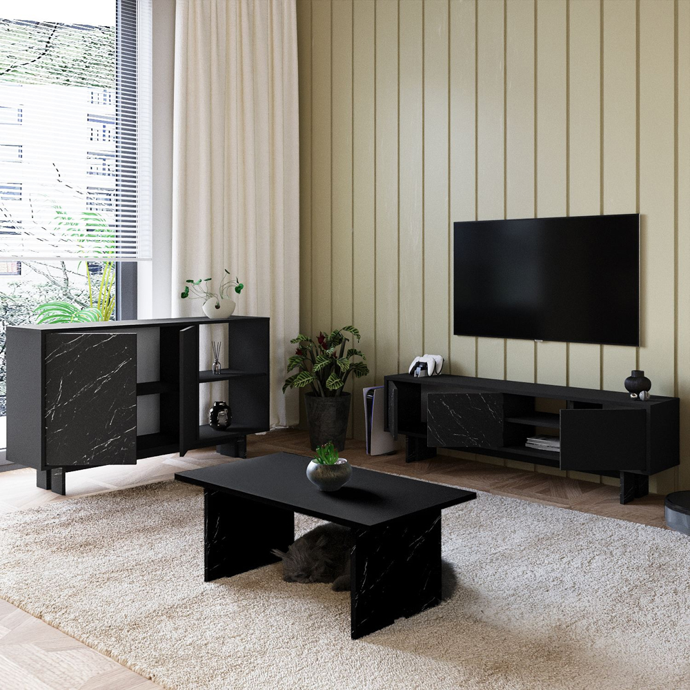 Ravello Wooden Living Room Furniture Set in Black Marble Effect and LED