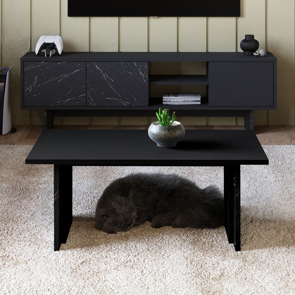 Ravello Wooden Living Room Furniture Set in Black Marble Effect and LED