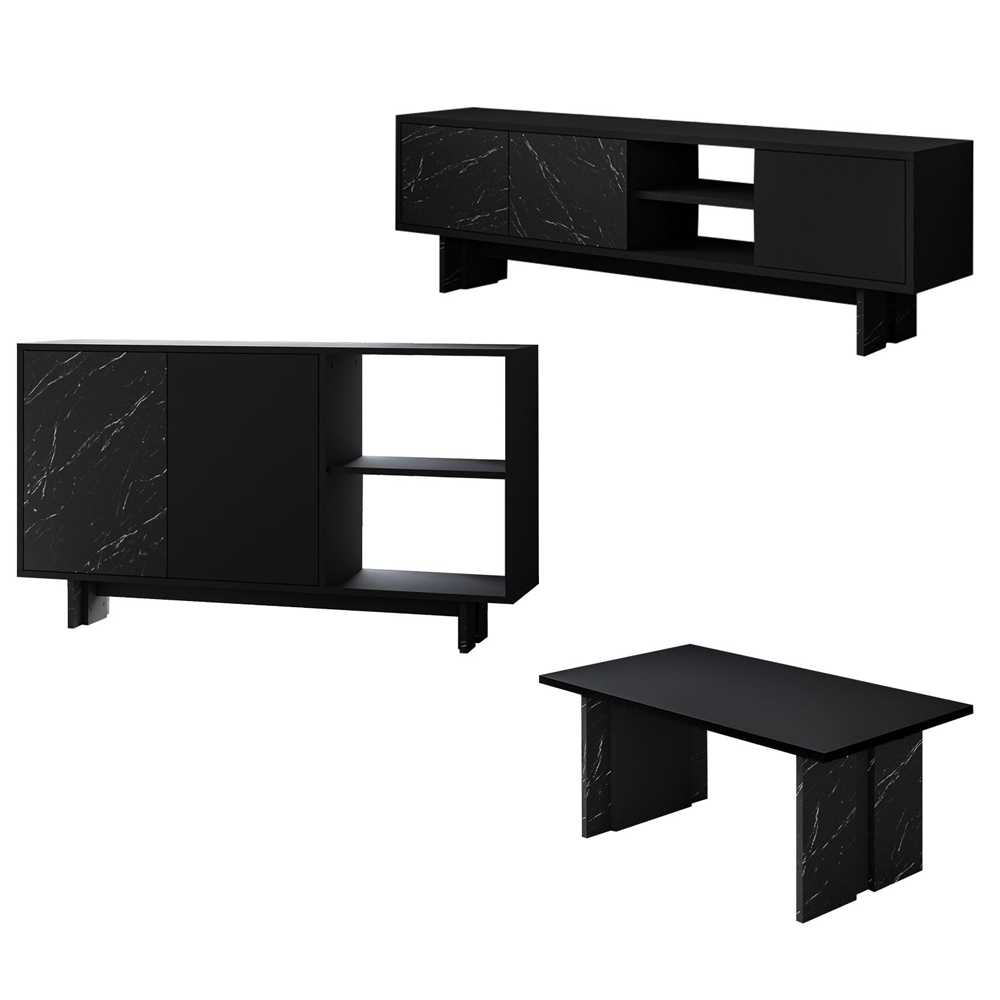 Ravello Wooden Living Room Furniture Set in Black Marble Effect and LED