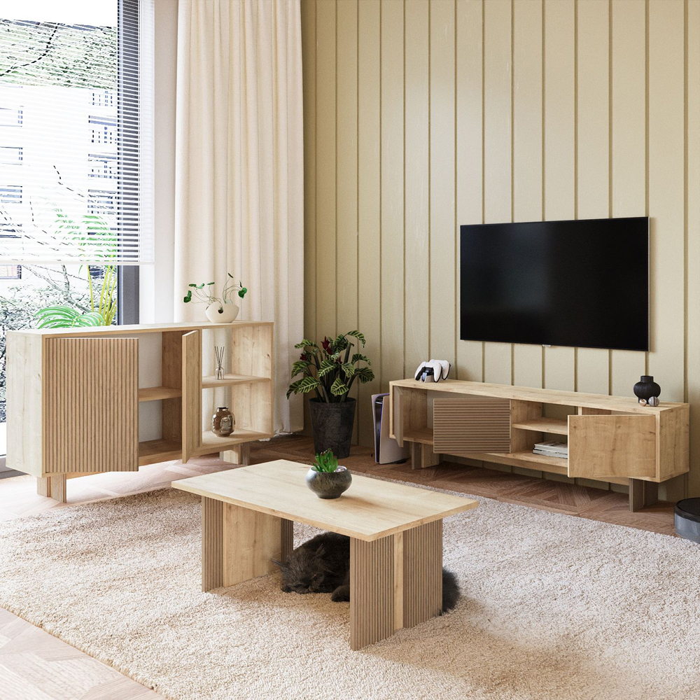 Ravello Wooden Living Room Furniture Set in Warm Oak and Sapphire Oak and LED