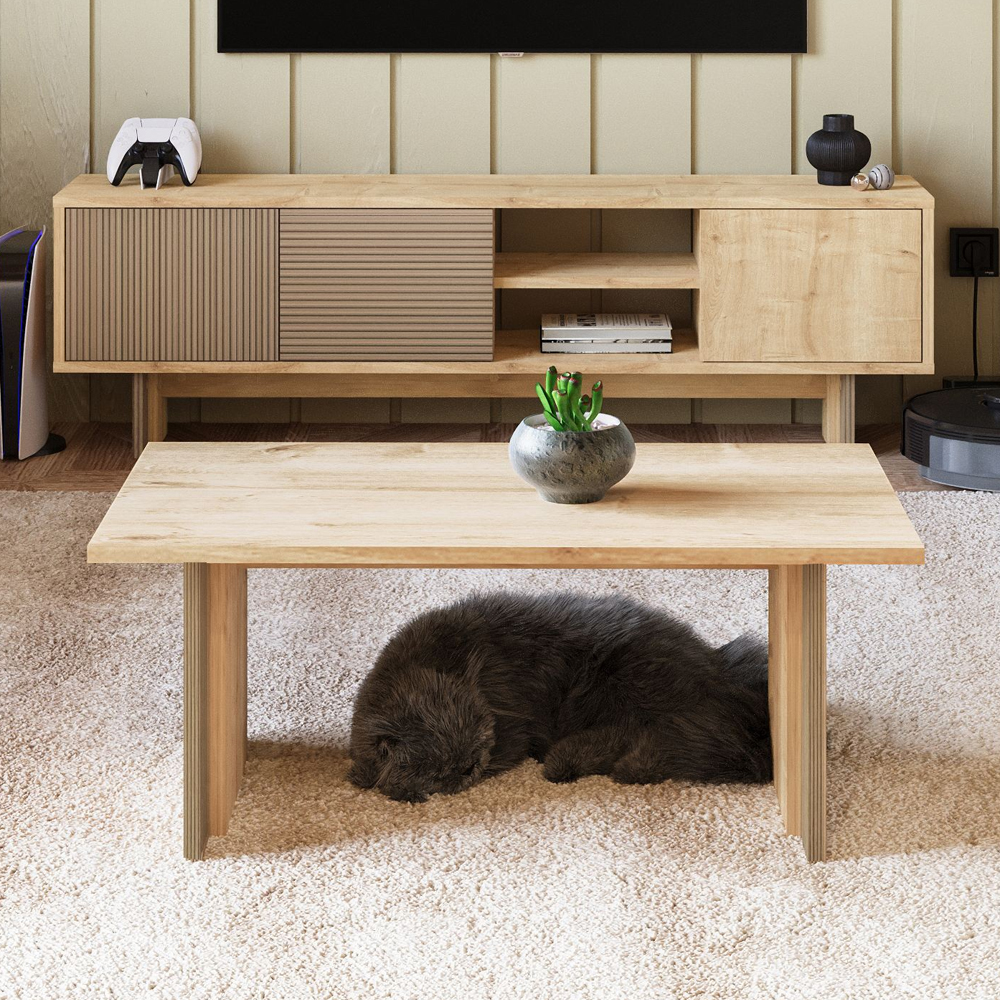 Ravello Wooden Living Room Furniture Set in Warm Oak and Sapphire Oak and LED