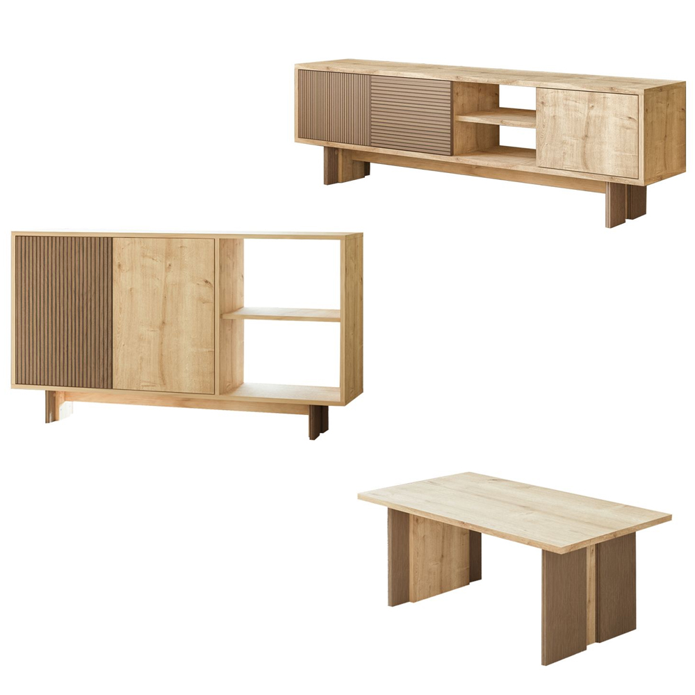 Ravello Wooden Living Room Furniture Set in Warm Oak and Sapphire Oak and LED