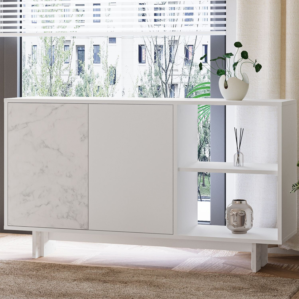 Ravello Wooden Living Room Furniture Set in White Marble Effect and LED