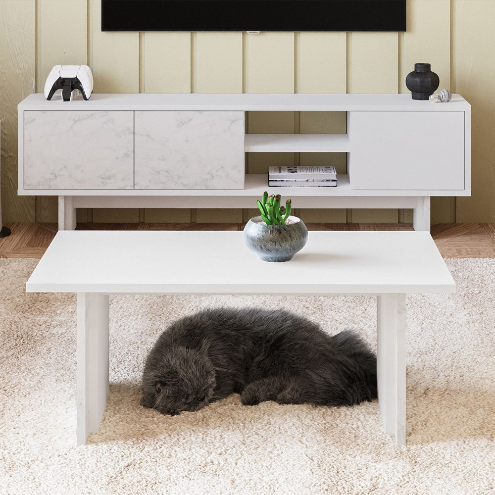 Ravello Wooden Living Room Furniture Set in White Marble Effect and LED