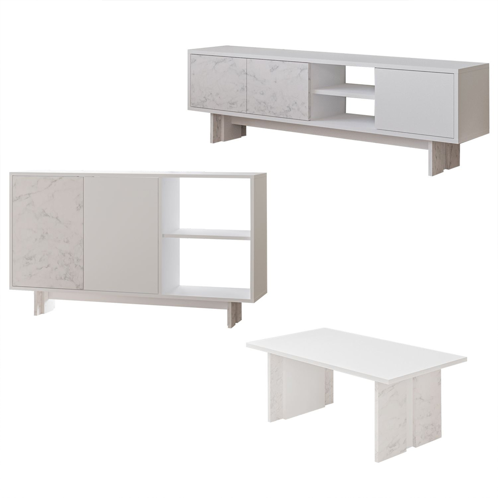 Ravello Wooden Living Room Furniture Set in White Marble Effect and LED