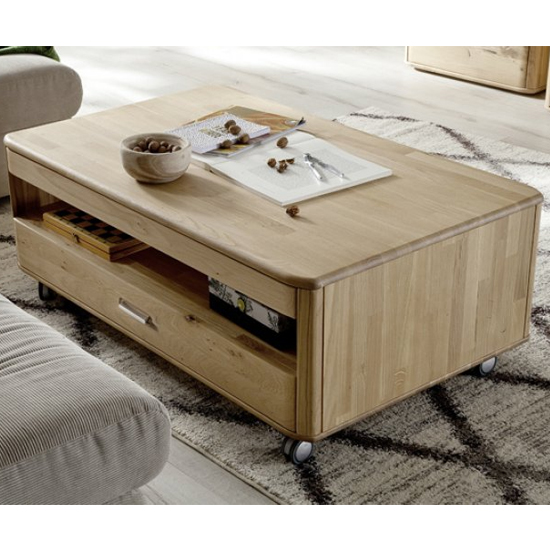 Ravello Wooden Rolling Coffee Table In Oak With 1 Drawer Furniture in