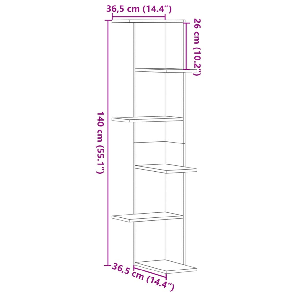 Ravena Wooden Corner Wall Shelf With 5 Shelves In Brown Oak