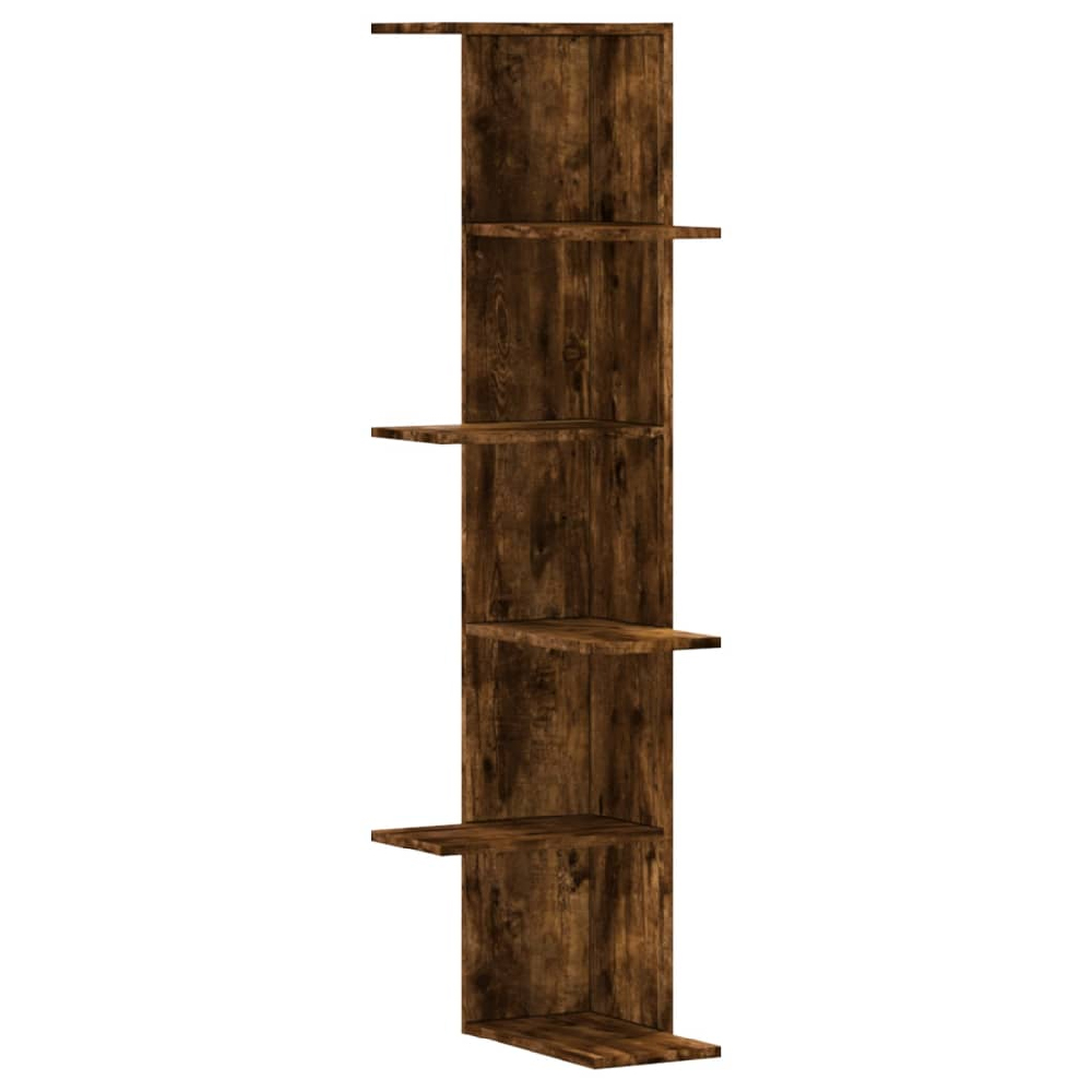 Ravena Wooden Corner Wall Shelf With 5 Shelves In Smoked Oak