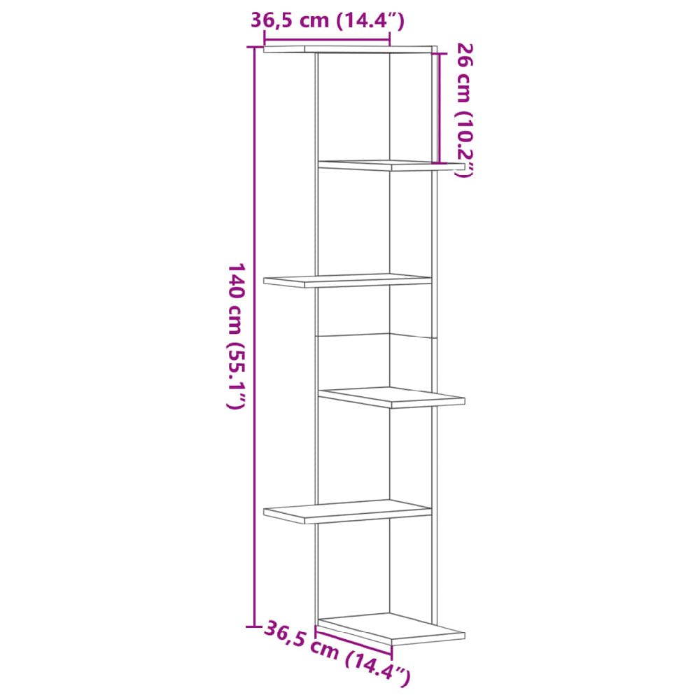 Ravena Wooden Corner Wall Shelf With 5 Shelves In Smoked Oak