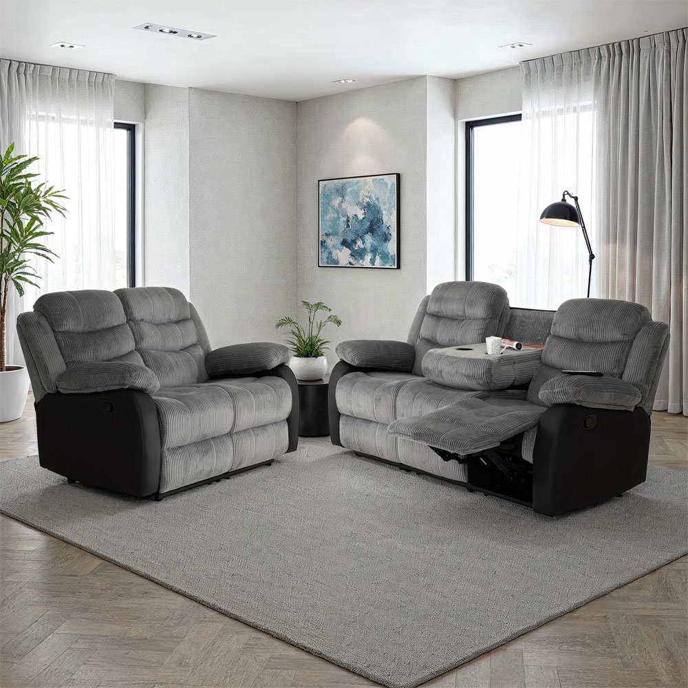 Rawlins Fabric Faux Leather Recliner 3+2 Seater Sofa Set in Grey and Black