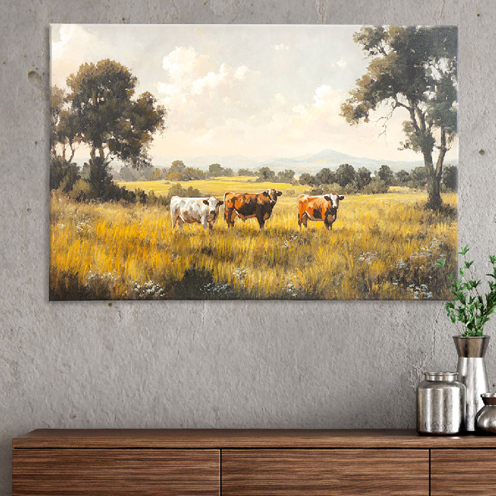 Raxen Canvas Cow Wall Art in Green and Brown