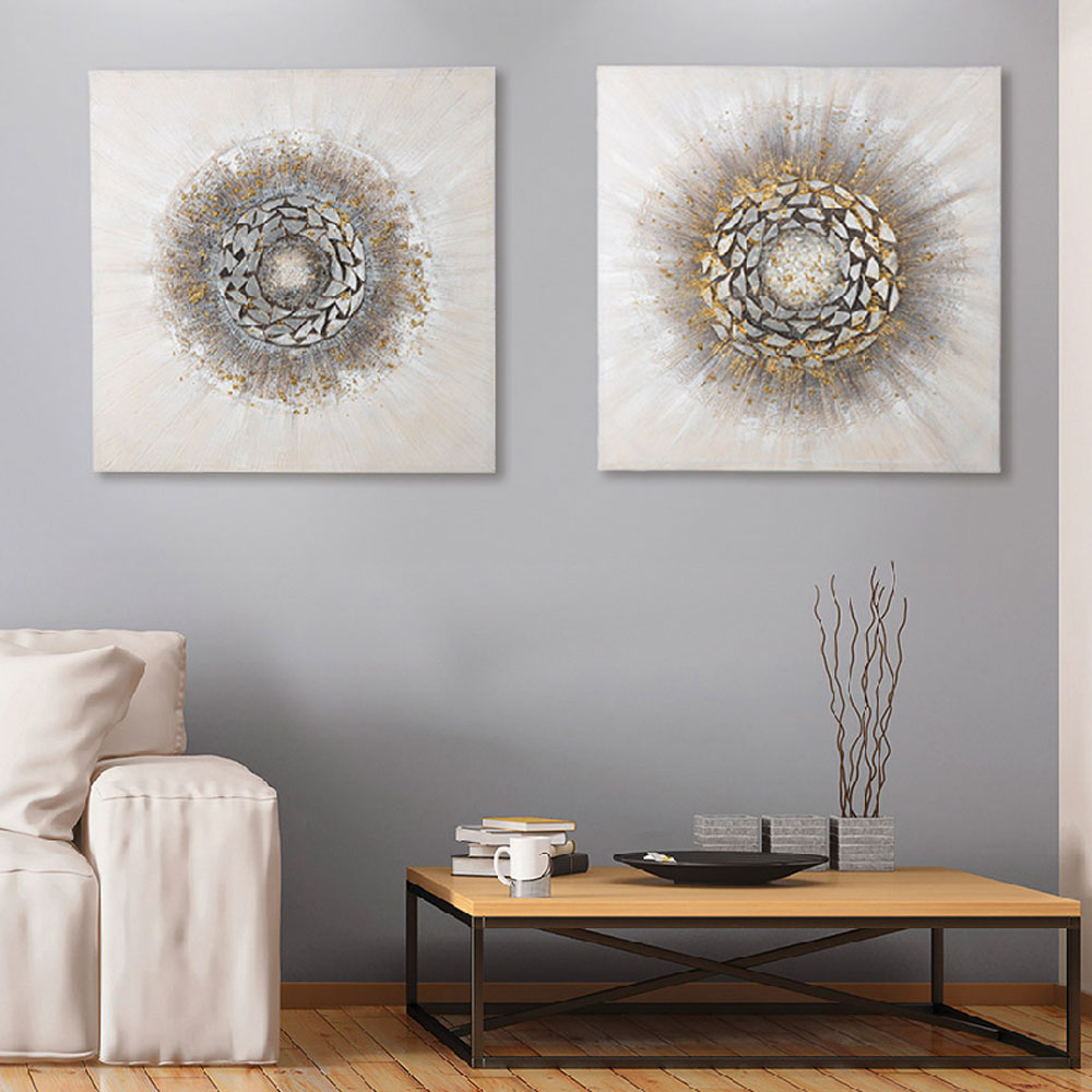 Raxen Canvas Set Of 2 Circle Wall Art in Cream and Silver