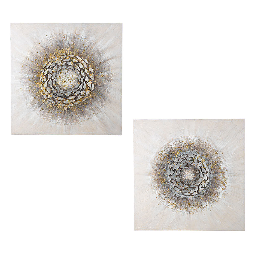 Raxen Canvas Set Of 2 Circle Wall Art in Cream and Silver
