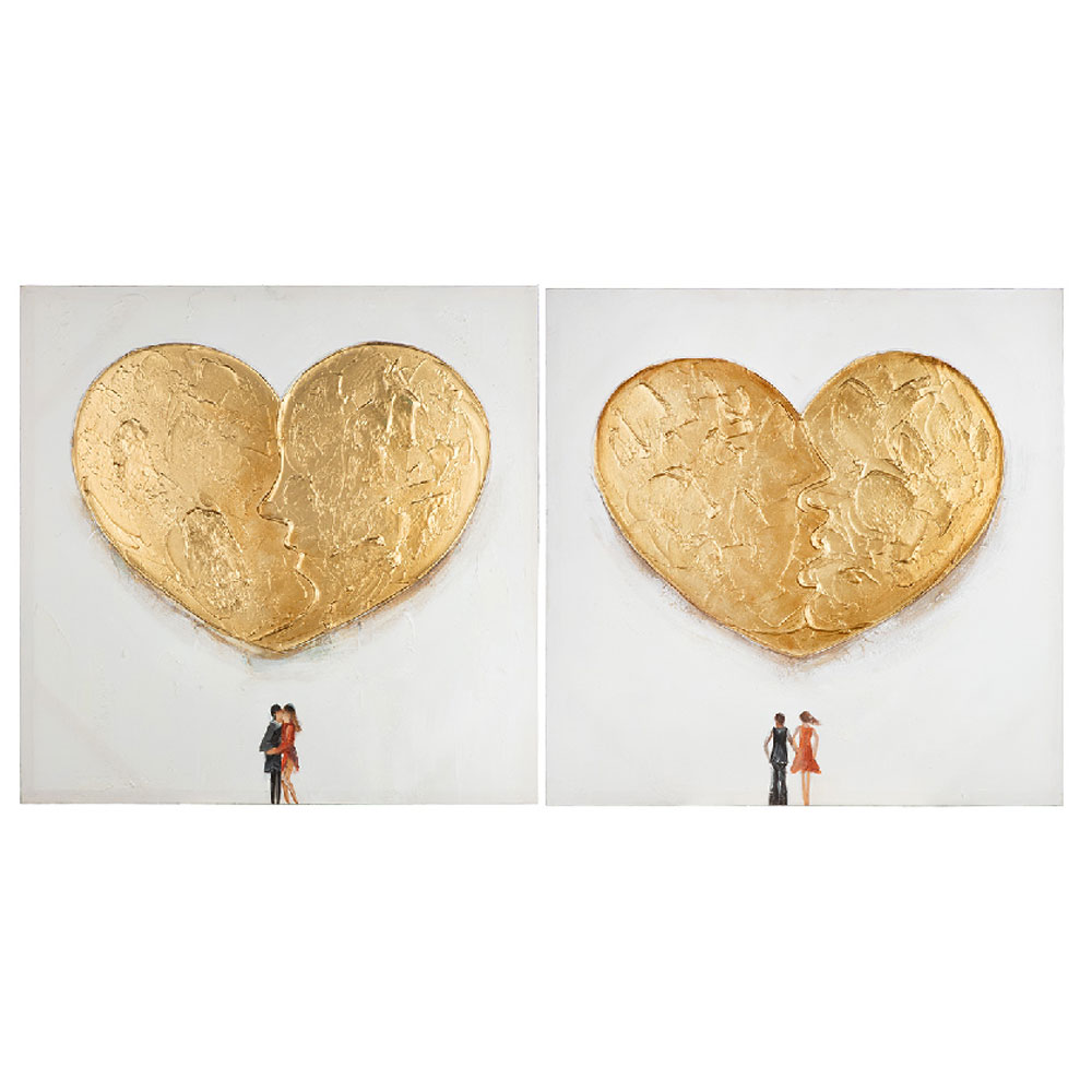 Raxen Canvas Set Of 2 Loving Couple Wall Art in White and Gold