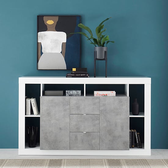 Product photograph of Raya Gloss Sideboard With 2 Doors 3 Drawers In White Concrete from Furniture in Fashion