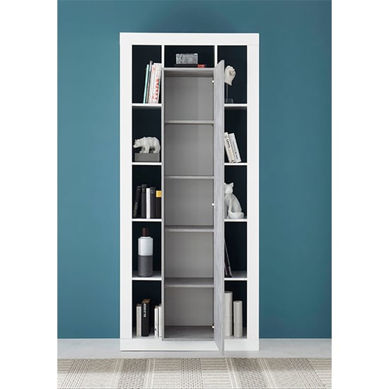 Raya High Gloss Bookcase With 1 Door In White Concrete Effect
