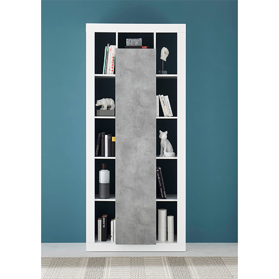 Raya High Gloss Bookcase With 1 Door In White Concrete Effect