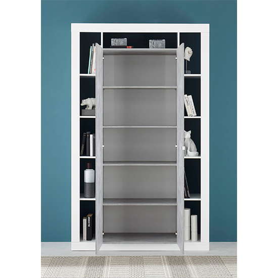 Raya High Gloss Bookcase With 2 Doors In White Concrete Effect