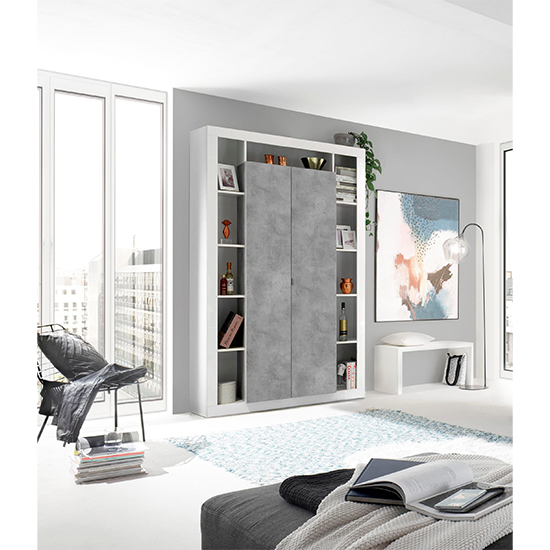 Raya High Gloss Bookcase With 2 Doors In White Concrete Effect