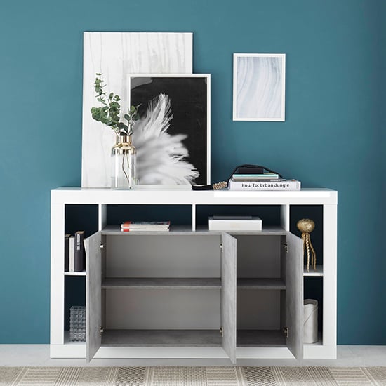 Raya High Gloss Sideboard With 3 Doors In White Concrete Effect_2