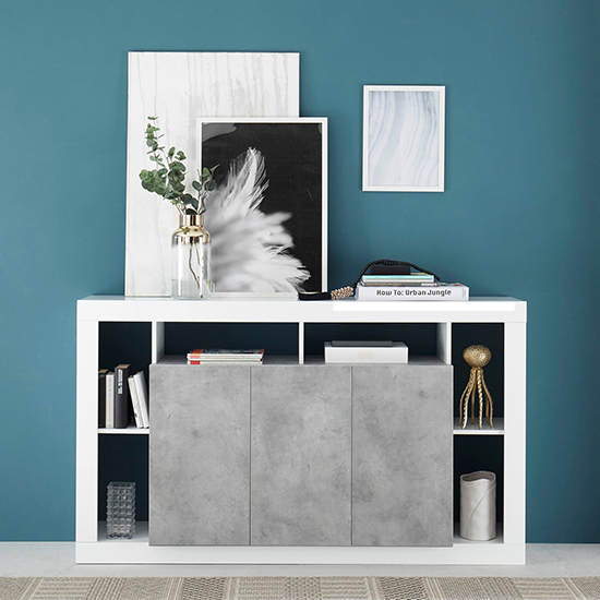 Photo of Raya high gloss sideboard with 3 doors in white concrete effect