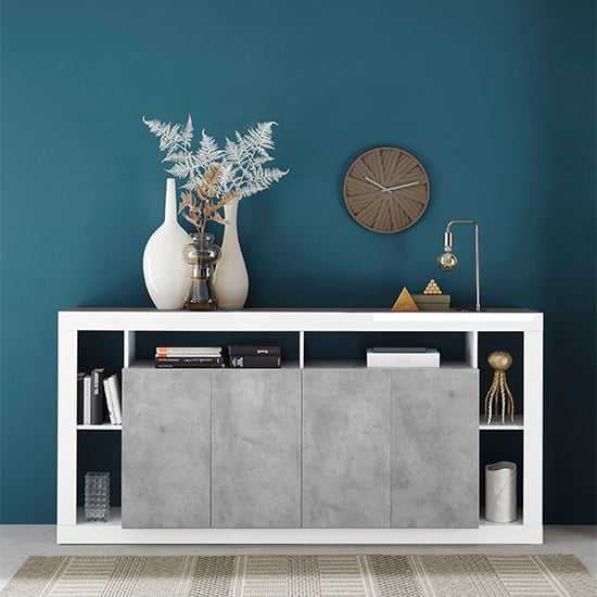 Photo of Raya high gloss sideboard with 4 doors in white concrete effect